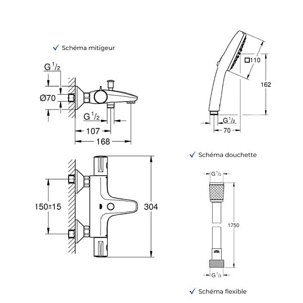 GROHE - Mitigeur baignoire thermostatique Grohtherm 800 avec colonnettes Idro'Flex + Douchette 2 jets Comfort + Flexible - large