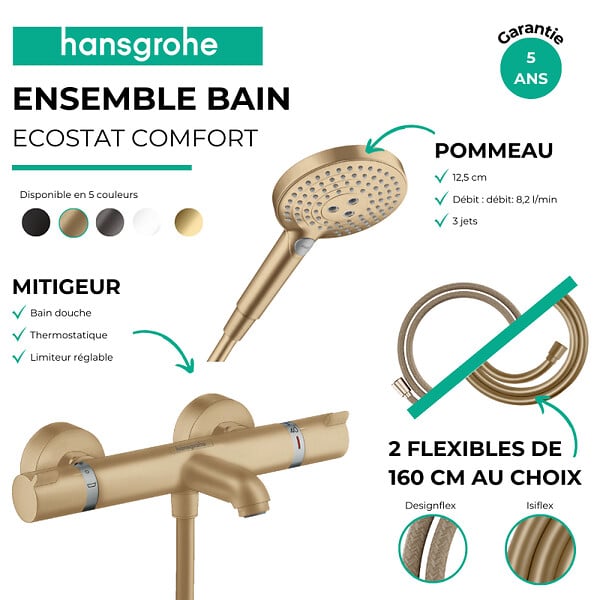 HANSGROHE - Pack mitigeur bain douche thermostatique Ecostat Comfort + Flexible Isiflex + Pommeau Raindance Select 3jets bronze - large