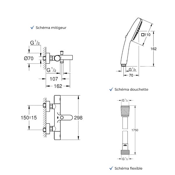 GROHE - Mitigeur baignoire thermostatique Precision Get avec colonnettes Idro'Flex + Douchette 2 jets Comfort + Flexible - large
