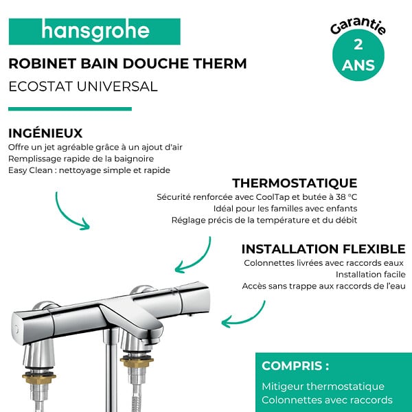 HANSGROHE - Mitigeur baignoire thermostatique Ecostat Universal chromé - large