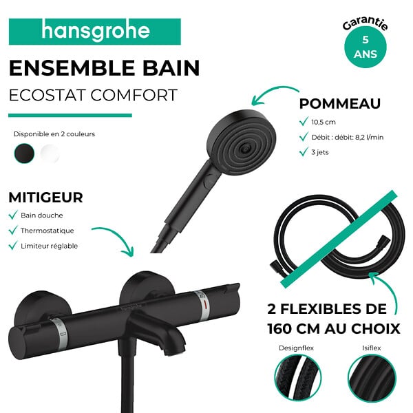 HANSGROHE - Pack mitigeur bain douche thermostatique Ecostat Comfort + Flexible Isiflex + Pommeau Pulsify 3jets Relaxation noir mat - large