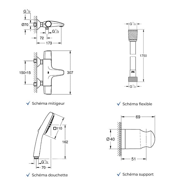 GROHE - Mitigeur baignoire thermostatique Precision Trend avec colonnettes Idro'Flex + Douchette 2 jets Comfort + Flexible + Support - large