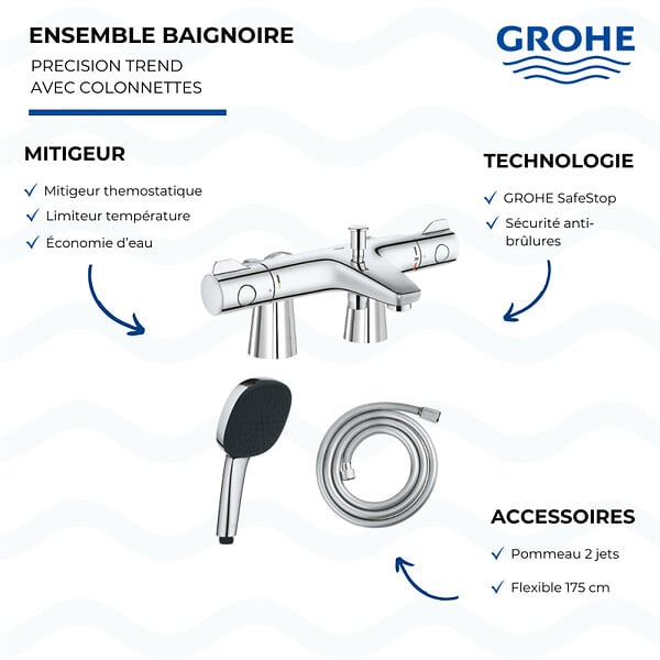 GROHE - Mitigeur baignoire thermostatique Precision Trend avec colonnettes Idro'Flex + Douchette 2 jets Comfort + Flexible - large