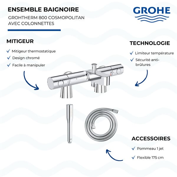 GROHE - Mitigeur baignoire thermostatique Grohtherm 800 Cosmopolitan 1/2 avec colonnettes Idro'Flex + Douchette 1 jet + Flexible - large