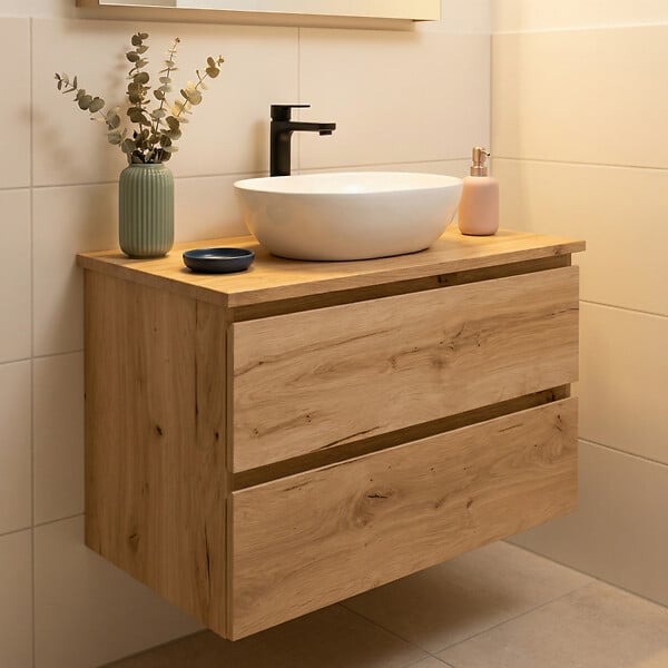 SWISS AQUA TECHNOLOGIES - Meuble de salle de bain suspendu 80 cm avec plan de toilette, 2 tiroirs, chêne Halifax mat, SAT B-Way (BWAY280OAKDESK) - large