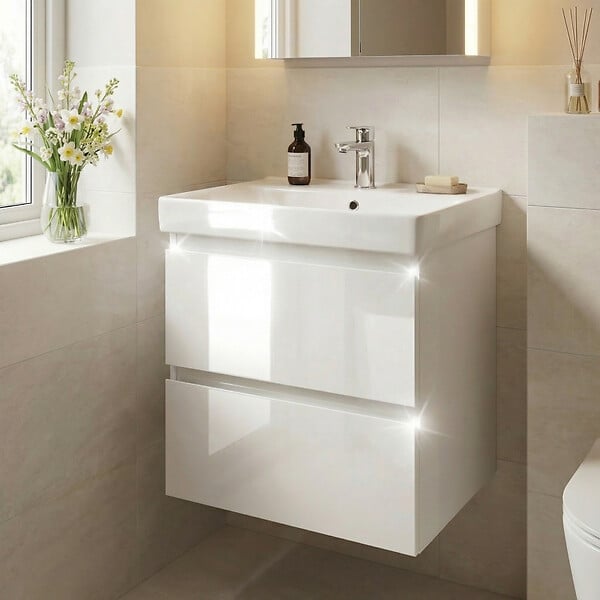 SWISS AQUA TECHNOLOGIES - Meuble salle de bain suspendu 59 x 50 x 45 cm avec lavabo céramique blanc brillant – 2 tiroirs – B-Way (BWAY260WU1BI) - large