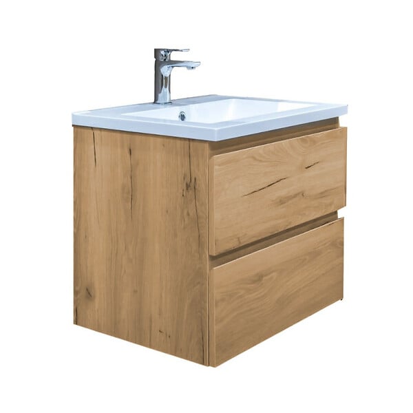 SWISS AQUA TECHNOLOGIES - B-Way 59x50x45 cm meuble de salle de bain suspendu 2 tiroirs avec lavabo en marbre coulé, chêne mat (BWAY260OAKU) - large