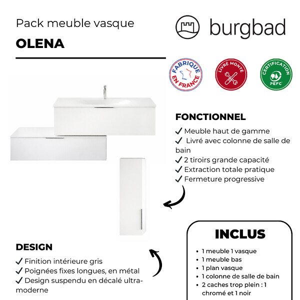 BURGBAD - Meuble vasque 120 cm Olena en décaler blanc brillant + colonne - large