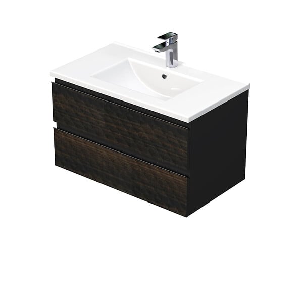SWISS AQUA TECHNOLOGIES - Cube Way 80x47,5x46 cm meuble de salle de bain suspendu 2 tiroirs avec lavabo en céramique, marron mat (CUBE3D802ZHMOD) - large