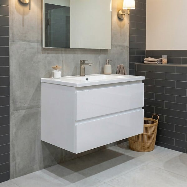 SWISS AQUA TECHNOLOGIES - Meuble de salle de bain suspendu 80 cm avec lavabo en marbre coulé, 2 tiroirs, blanc brillant, SAT B-Way (BWAY280WU) - large