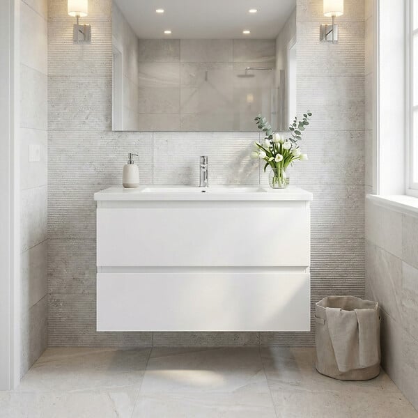 SWISS AQUA TECHNOLOGIES - Meuble salle de bain suspendu 59 x 50 x 45 cm blanc brillant 2 tiroirs avec lavabo en marbre coulé SAT B-Way (BWAY260WU) - large