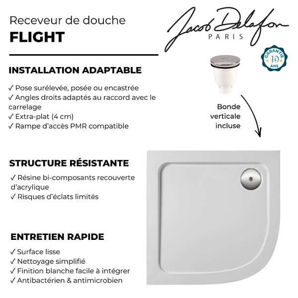 JACOB DELAFON - Receveur de douche 90 x 90 cm Flight quart de rond blanc avec bonde verticale chromé - large