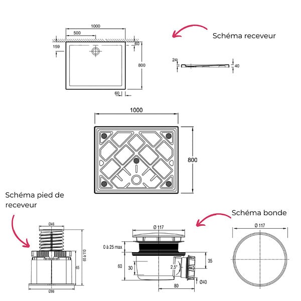 JACOB DELAFON - Receveur de douche 100 x 80 Gaspard rectangle céramique avec kit de réhausse et bonde - large