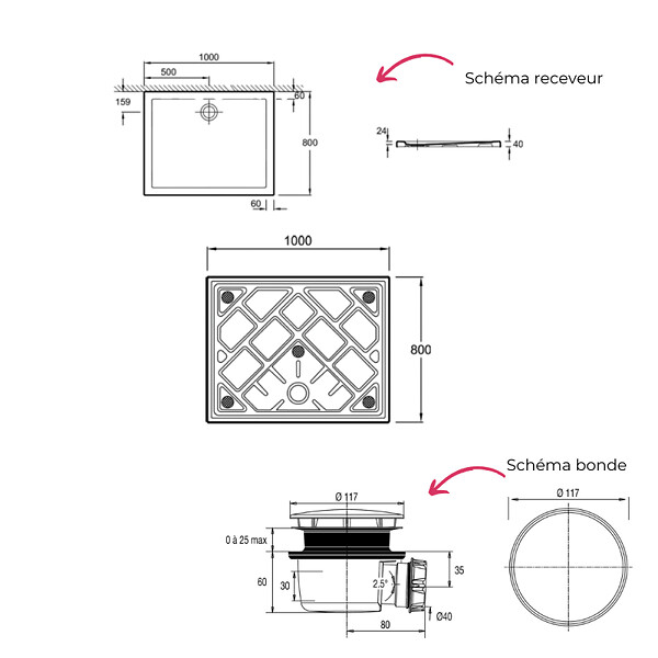 JACOB DELAFON - Receveur de douche 100 x 80 Gaspard rectangle céramique avec bonde - large