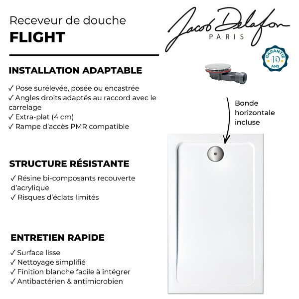 JACOB DELAFON - Receveur de douche 140 x 80 cm Flight rectangle blanc avec bonde horizontale chromé - large