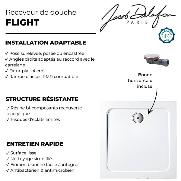 JACOB DELAFON - Receveur de douche 90 x 90 cm Flight carré blanc avec bonde horizontale chromé - large