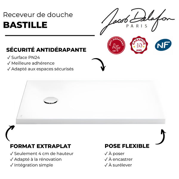 JACOB DELAFON - Receveur de douche antidérapant 120 x 80 cm Bastille céramique - large