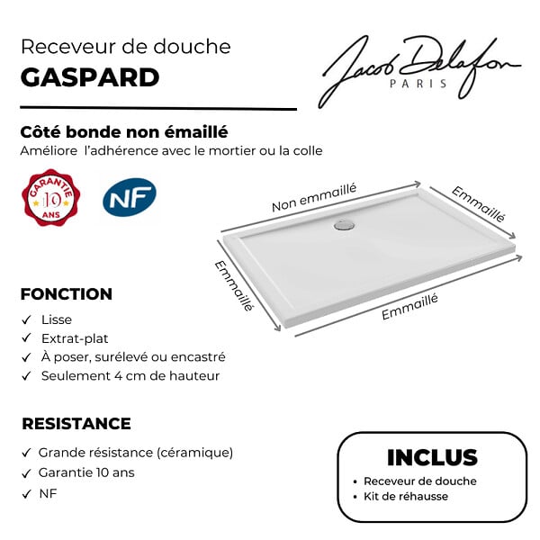 JACOB DELAFON - Receveur de douche 80 x 80 Gaspard céramique carré avec kit de réhausse - large