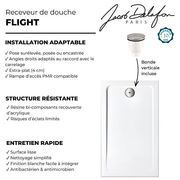 JACOB DELAFON - Receveur de douche 100 x 70 cm Flight rectangle blanc avec bonde verticale chromé - large