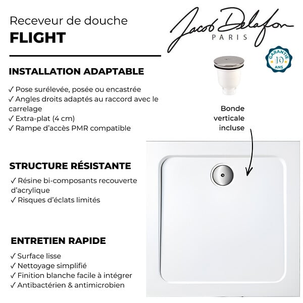 JACOB DELAFON - Receveur de douche 90 x 90 cm Flight carré blanc avec bonde verticale chromé - large