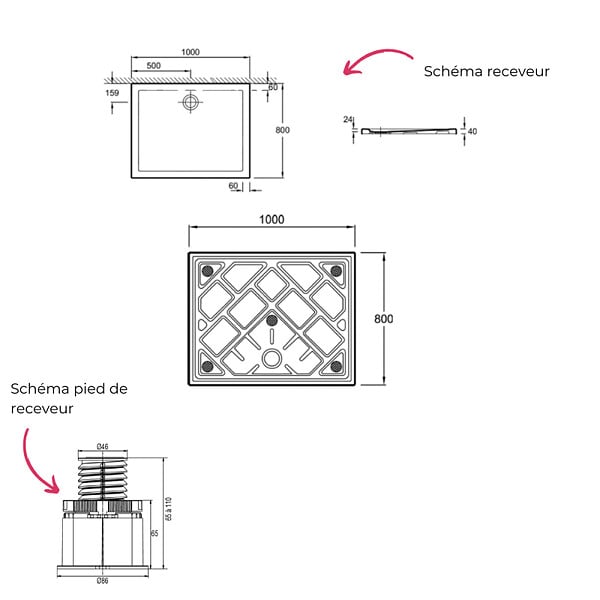 JACOB DELAFON - Receveur de douche 100 x 80 Gaspard rectangle céramique avec kit de réhausse - large