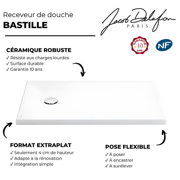 JACOB DELAFON - Receveur de douche 120 x 90 cm Bastille céramique - large