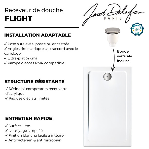 JACOB DELAFON - Receveur de douche 120 x 70 cm Flight rectangle blanc avec bonde verticale chromé - large
