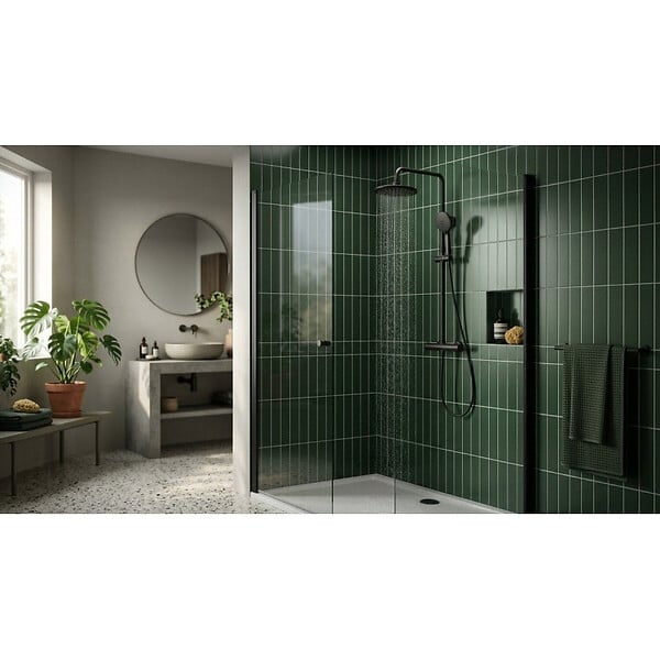 SWISS AQUA TECHNOLOGIES - Basic ensemble de douche avec mitigeur thermostatique, douche de tête, douchette à main, noir mat (SATSSTKEBC) - large