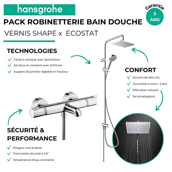 HANSGROHE - Pack mitigeur bain douche thermostatique Ecostat Comfort + Colonne Vernis Shape 230 chromé - large