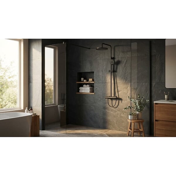 SWISS AQUA TECHNOLOGIES - Système de douche mural avec mitigeur monocommande + douche de tête + douchette à main 3 jets, noir mat (SATSSPKCNEW) - large