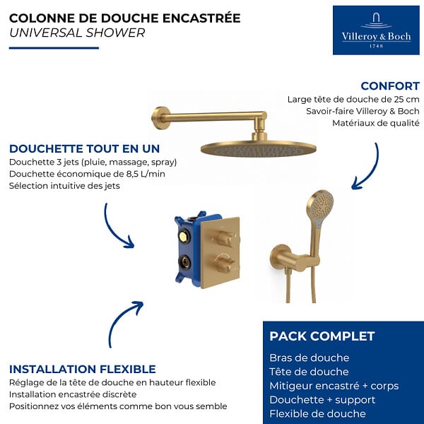 VILLEROY ET BOCH - Colonne de douche encastrée Universal Shower avec douchette 3 jets or brossé - large