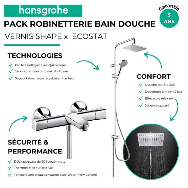 HANSGROHE - Pack mitigeur bain douche thermostatique Ecostat Universal + colonne Vernis Shape 230 chromé - large