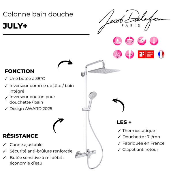 JACOB DELAFON - Colonne bain douche thermotastique July+ chromé - large