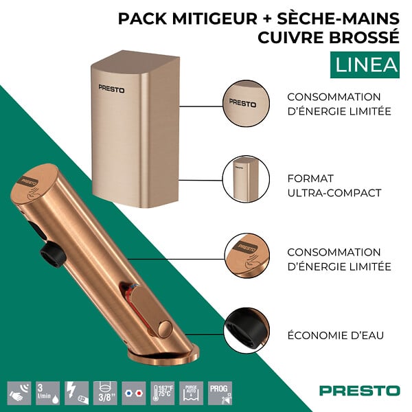 PRESTO - Pack mitigeur infrarouge avec robinet d'arrêt + Sèche-main Linea Cuivre brossé - large