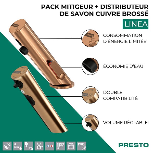 PRESTO - Pack mitigeur infrarouge avec robinet d'arrêt + Distributeur de savon infrarouge Linea Cuivre brossé - large