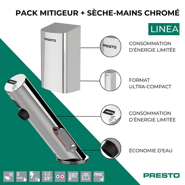PRESTO - Pack mitigeur infrarouge avec robinet d'arrêt + Sèche-main Linea Chromé - large