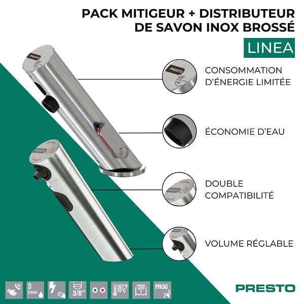 PRESTO - Pack mitigeur infrarouge avec robinet d'arrêt + Distributeur de savon infrarouge Linea Inox brossé - large