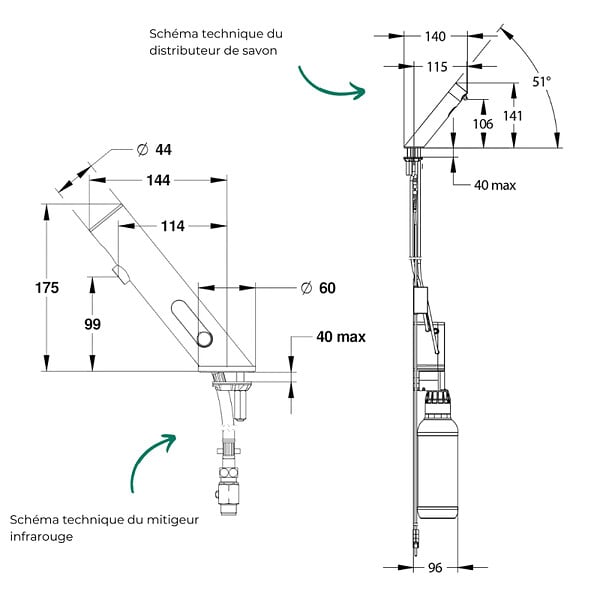 PRESTO - Pack mitigeur infrarouge avec robinet d'arrêt + Distributeur de savon infrarouge Linea Inox brossé - large