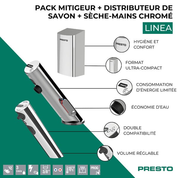 PRESTO - Pack mitigeur infrarouge avec robinet d'arrêt + Distributeur de savon infrarouge + Sèche-main Linea Chromé - large