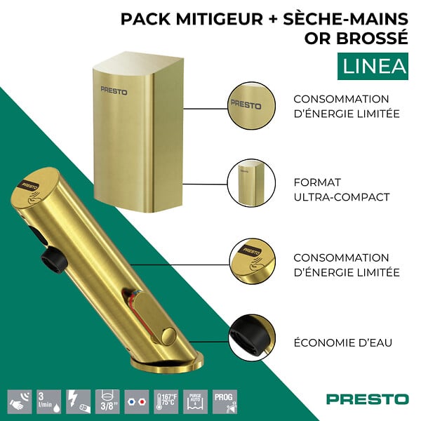 PRESTO - Pack mitigeur infrarouge avec robinet d'arrêt + Sèche-main Linea Or brossé - large