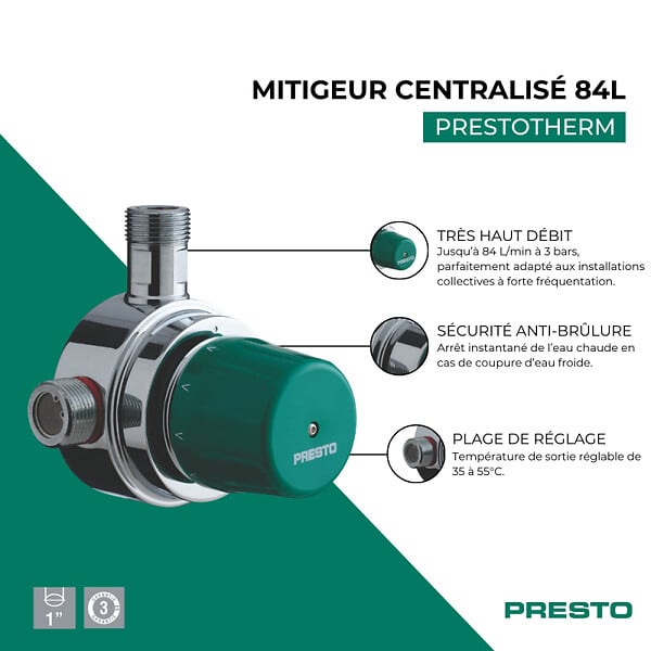 PRESTO - Mitigeur centralisé Prestotherm - 84l/min à 3 bar - Entrées et sorties G 1" - large