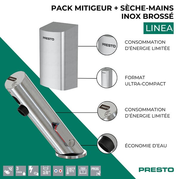 PRESTO - Pack mitigeur infrarouge avec robinet d'arrêt + Sèche-main Linea Inox brossé - large