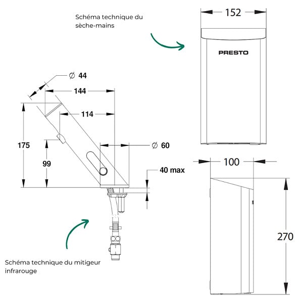PRESTO - Pack mitigeur infrarouge avec robinet d'arrêt + Sèche-main Linea Inox brossé - large