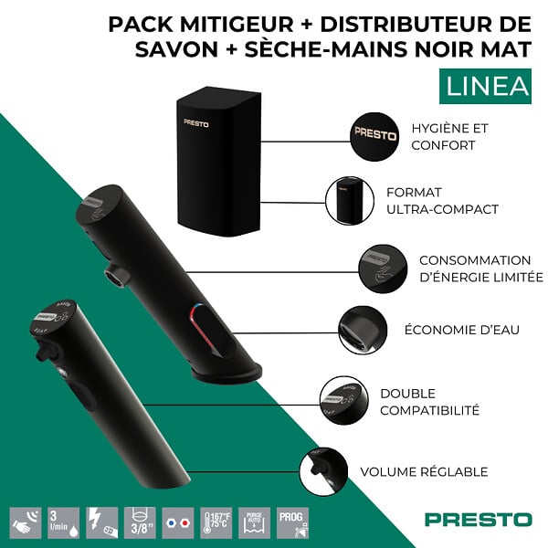 PRESTO - Pack mitigeur infrarouge avec robinet d'arrêt + Distributeur de savon infrarouge + Sèche-main Linea Noir mat - large