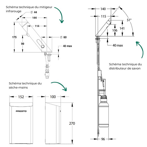 PRESTO - Pack mitigeur infrarouge avec robinet d'arrêt + Distributeur de savon infrarouge + Sèche-main Linea Noir mat - large