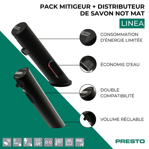 PRESTO - Pack mitigeur infrarouge avec robinet d'arrêt + Distributeur de savon infrarouge Linea Noir mat - large