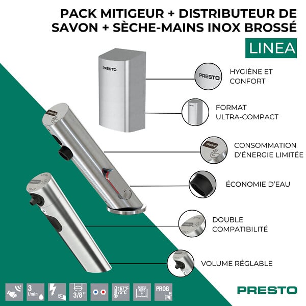 PRESTO - Pack mitigeur infrarouge avec robinet d'arrêt + Distributeur de savon infrarouge + Sèche-main Linea Inox brossé - large