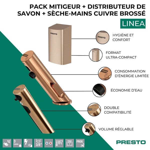 PRESTO - Pack mitigeur infrarouge avec robinet d'arrêt + Distributeur de savon infrarouge + Sèche-main Linea Cuivre brossé - large
