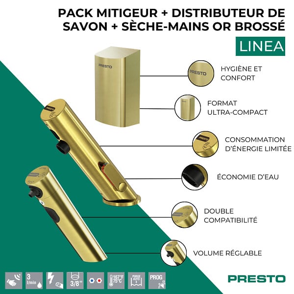 PRESTO - Pack mitigeur infrarouge avec robinet d'arrêt + Distributeur de savon infrarouge + Sèche-main Linea Or brossé - large