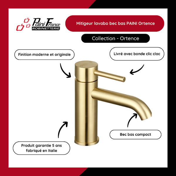 OLFA - Mitigeur lavabo bec bas Ortence laiton brossé avec vidage clic clac - large